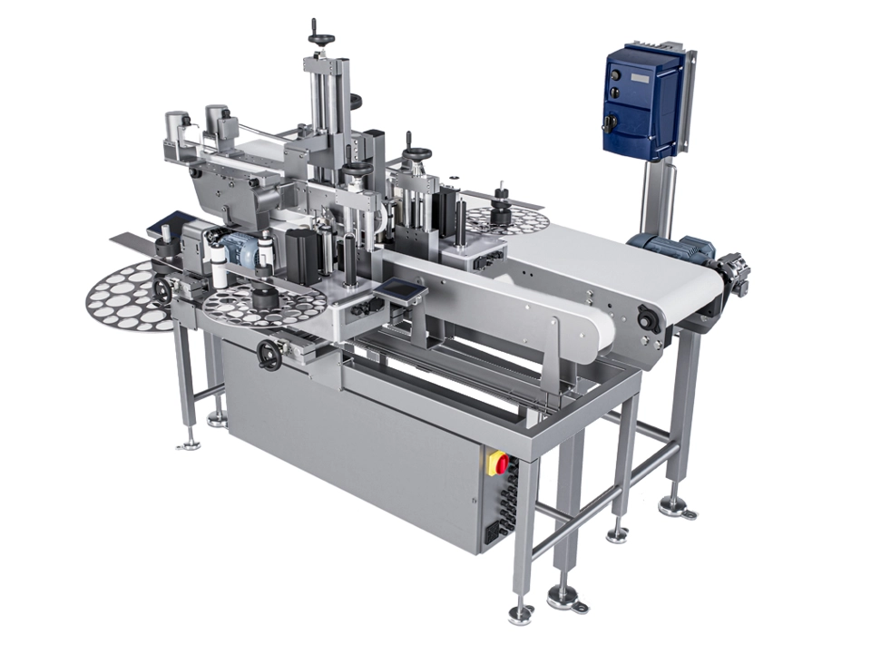 Linea automatica ad alta velocità per l’etichettatura fronte e retro di bottiglie, vasetti e contenitori ellittici o rettangolari, fino a 300 prodotti al minuto.