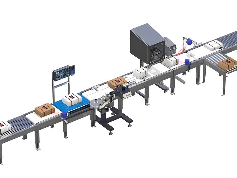 Scanvaegt ABWL integra pesatura, stampa, etichettatura e controllo automatico di cartoni e casse, verificando peso, barcode e dati di produzione.