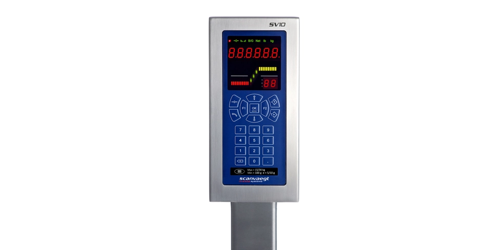 Scanvaegt SV10 è un indicatore di peso IP67 rapido e flessibile per bilance da banco, pavimento e pallet, con Web Interface e fino a 99 programmi prodotto.
