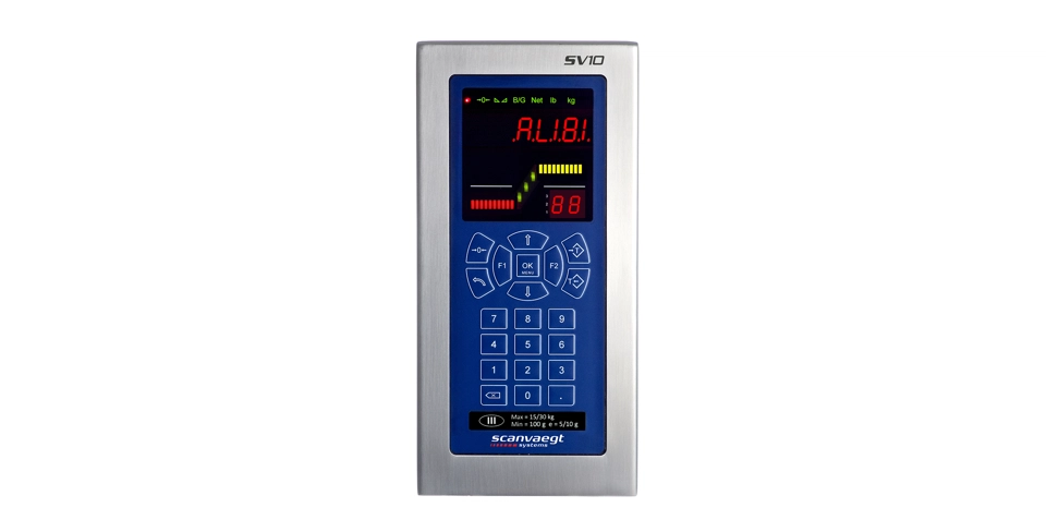 Scanvaegt SV10 Alibi è un indicatore di peso IP67 con registrazione fino a 10 milioni di numeri Alibi, Web Interface e gestione completa dei dati di pesatura.